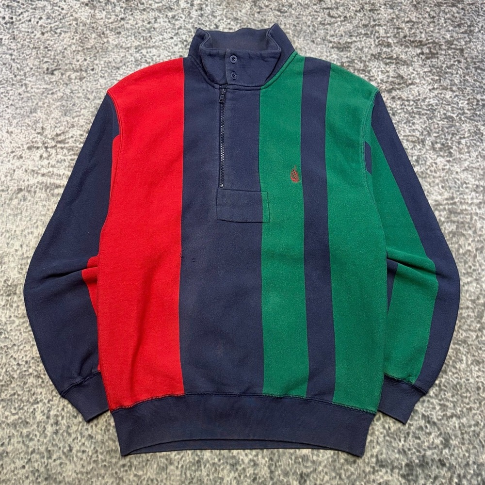 VTG Nautica 1/4 Zip Sweatshirt Striped Colorblock Mens Large Red Blue Green 90s